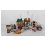 Wooden painted village houses, ten, plus accent