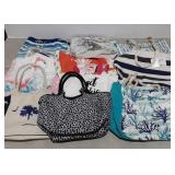 Ten Tote bags, many are beach themed