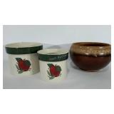 Planters, two apple themed and one drip glaze-7"