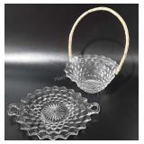 Fostoria Glass, reed handle basket and 10" handle