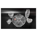 Glass, divided platter 14", crystal vase 7",