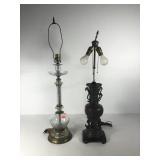 Two table lamps, ornate bronze two light, stands