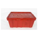 Red tote with interlocking lid, open grid bottom,