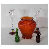 Glassware, includes orange vase, green and
