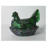 Glassware, green/blue carnival glass nesting hen,