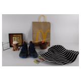 Clay bowl, decor, shoes (size unknown), sun hat,