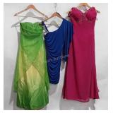Three fancy dresses, green size 5/6, blue Med.,