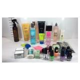 Perfume, lotions, nail polish, makeup brushes,