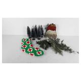 Christmas decor, bottle brush trees, stocking,