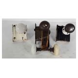 Doorknobs, porcelain and metal, three with locks