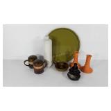 Pottery and stoneware, bottle, candleholders,