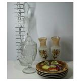 Etched decanter, candy dish, 4 Lefton handpainted