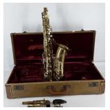Brass also saxophone with case, marked made in