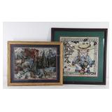 Two framed tapestry fabric, wilderness scene and