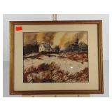 Watercolor painting cabin scene, signed
