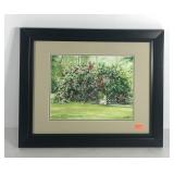 Garden scene watercolor painting, signed and