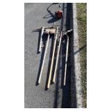 5pc Long handled tools lot, pick, shovels, rake,