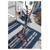 2pc lot, old iron planter pot stand and leaf rake