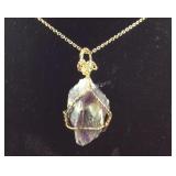 Amethyst rough cut wire wrapped goldtone pendant