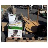 Skid of scatter rugs,  signs, hamper, press wood