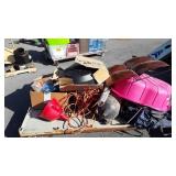 Skid of extension cord, funnel , metal wall art,