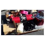 Skid of plastic totes ceramic mugs, Garden