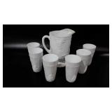 Milk glass pitcher and six tumblers, grape design