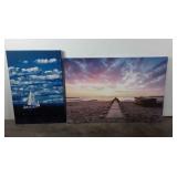 Two stretched canvas prints, beach landscape and