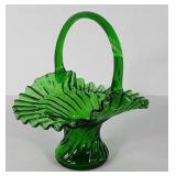 Green swirl glass basket, stands 9" tall, scraped