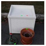 Small suncast storage deck box, clay planters,