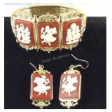 Carved cognac cameo earrings and 6.75in bangle