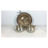 Sterling silver sugar and creamer and small bowl