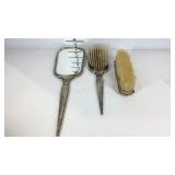 Sterling silver vanity set, two brushes and a