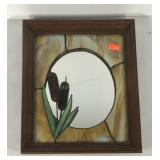 Leaded glass mirror with cat tail design, 14x17