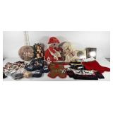 Christmas decor, table runners, tins, wine bottle