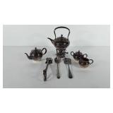 Silverplated serving group, includes tea kettle