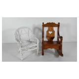 Doll chairs, wicker arm chair and oak rocker