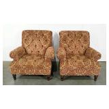 Two upholstered arm chairs, damask print, minor