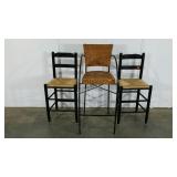 Two 24" rush seat bar chairs and a 31" rattan