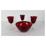 Glass, Arocroc red glass bowl, 9" and three red