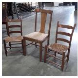 Three Early Chairs, Oak "T" back, 2 older cane