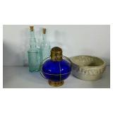 Cobalt blue lantern, two decorative clear glass
