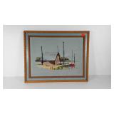 Framed crewel needlework,  dockside scene, loose
