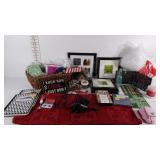 Table cloth, notebooks, picture frames, cards,