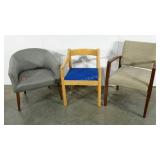 Three chairs, all need cleaned and grey chair has