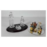 Two nativity sets, glass on wood base and ceramic