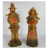 Thanksgiving decor, two ceramic Pilgrim statues,