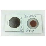 1955 2cent Queen Elizabeth coin and a miss strike