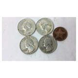 Four silver Washington quarters 1959D, 1961D,