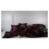 Burgundy comforter, skirt, 2 shames, pillows